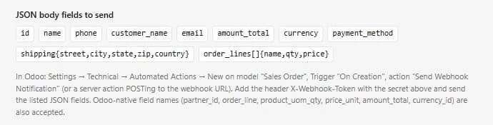 حقول JSON التي يرسلها Odoo إلى Certifone ومكان إنشاء الإجراء الآلي