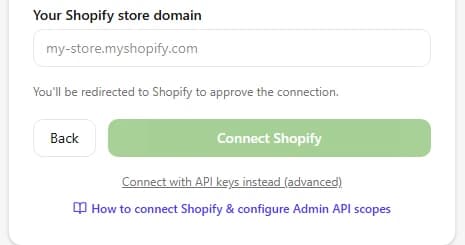 لوحة Certifone: أدخل نطاق متجرك my-store.myshopify.com ثم اضغط Connect Shopify